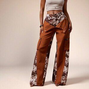 Multicolor Casual Women's Leopard Print Baggy Cargo Fold Over Jeans